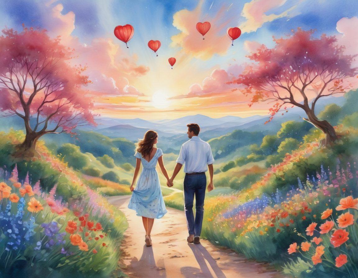 A whimsical depiction of two soulmates embarking on a journey together, hand-in-hand across a beautiful landscape filled with vibrant flowers, lush greenery, and a winding path. Incorporate elements of love, such as heart-shaped clouds overhead and glowing lanterns along the path. The scene should radiate warmth, joy, and connection, with gentle sunlight illuminating their smiles. watercolor style. vibrant colors. soft focus.