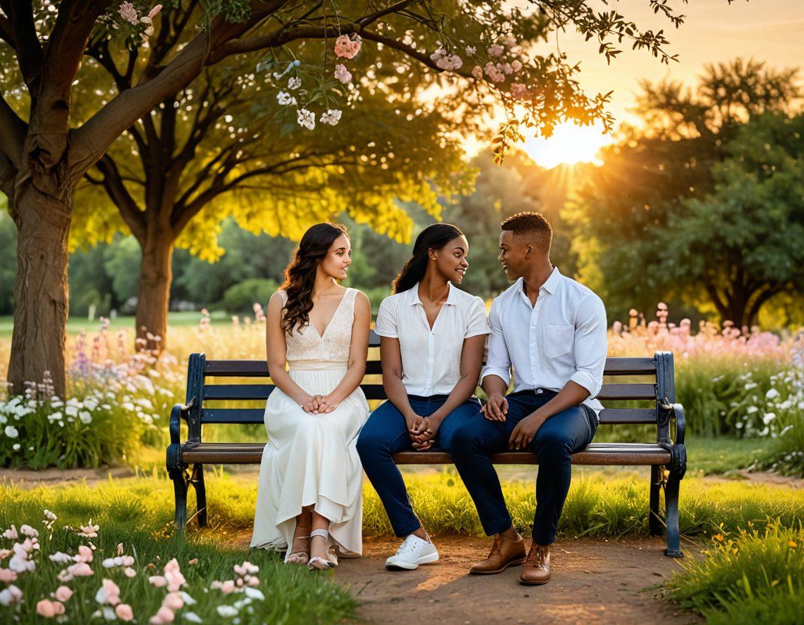 A beautiful scene of two soulmates sitting together on a park bench, sharing a heartfelt conversation under the golden glow of sunset, surrounded by blooming flowers and butterflies. A dreamy, ethereal aura surrounds them, showcasing their deep connection and love. The background features a soft-focus of a serene landscape, symbolizing harmony and growth. pastel colors. dreamy. super-realistic.