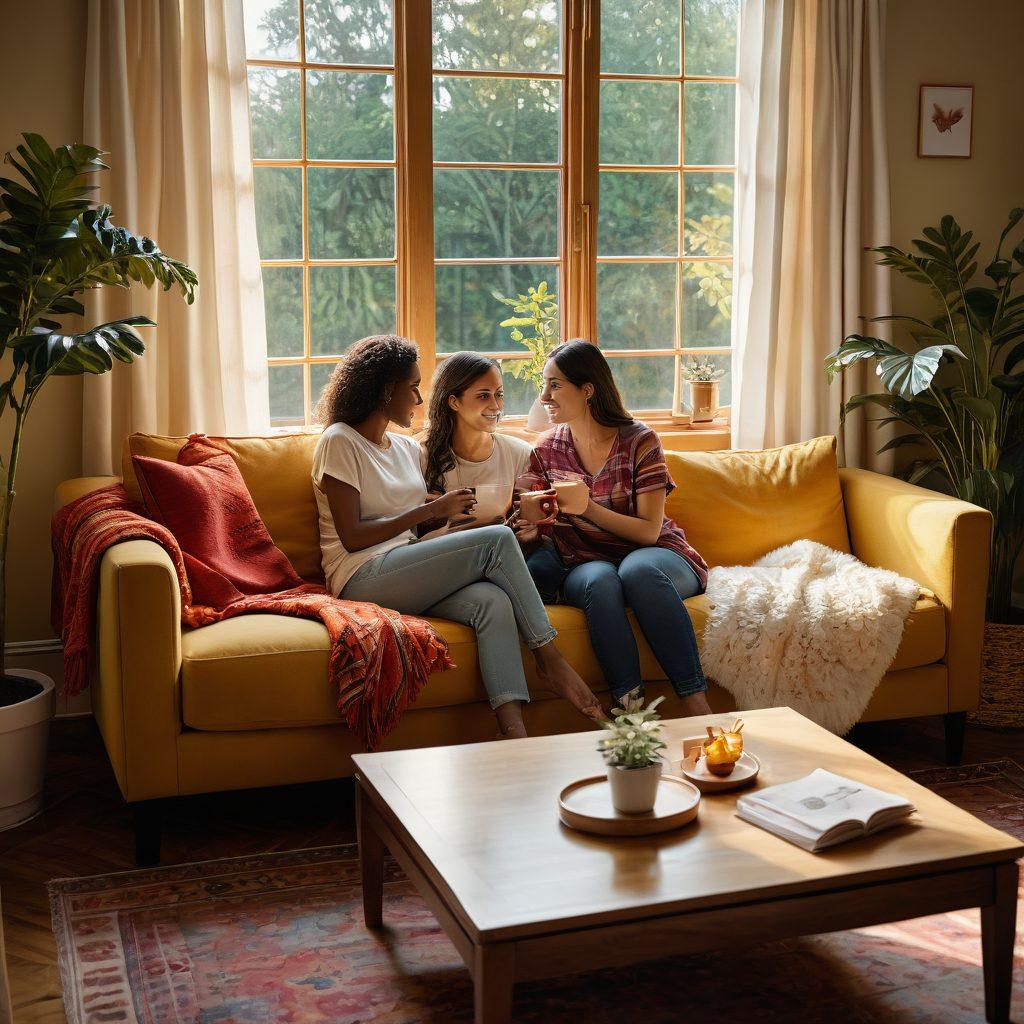 A cozy, intimate scene featuring two people sitting on a sofa, engaging in a deep conversation with warm light filtering through a window. Elements like a heart-shaped plant on a coffee table and a soft blanket draped over them symbolize warmth and connection. Emphasize vibrant colors to evoke comfort and positivity. super-realistic. warm tones.